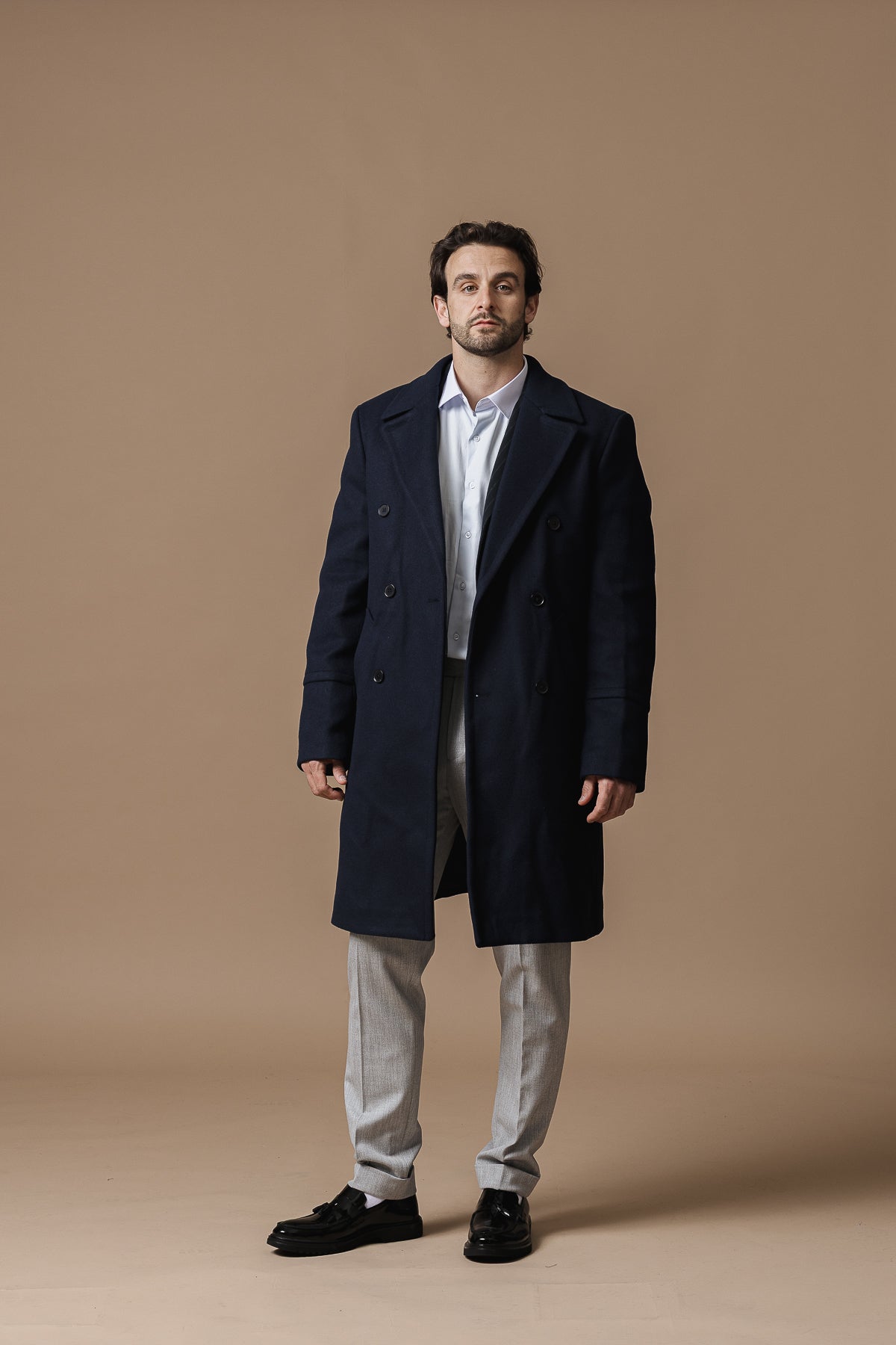 Синьо двуредно палто