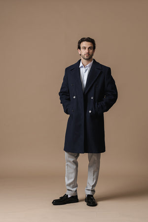 Синьо двуредно палто